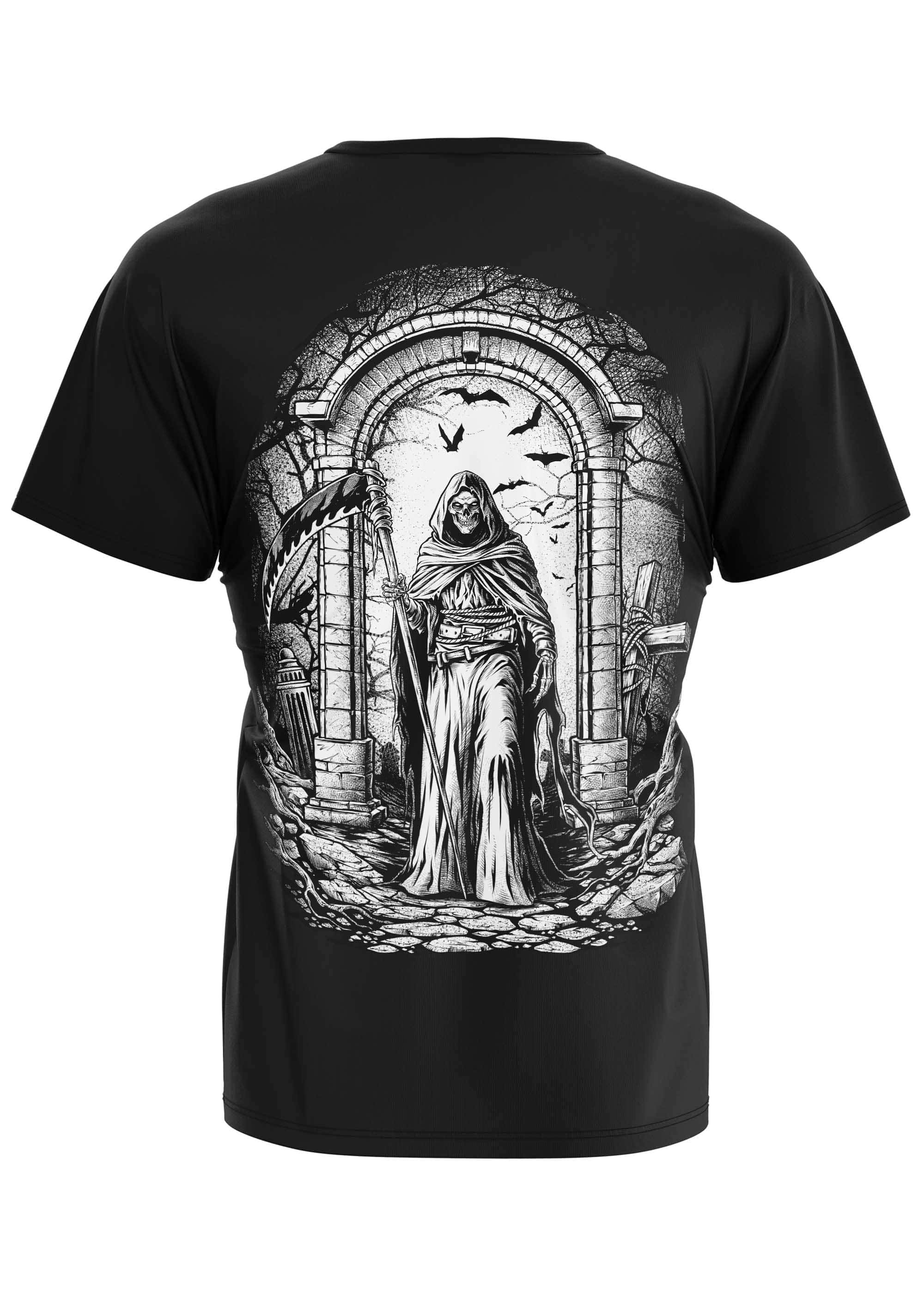 Schwarzes gothic horror t-shirt mit detailliertem schwarzweißem grim reaper grafik auf der rückseite